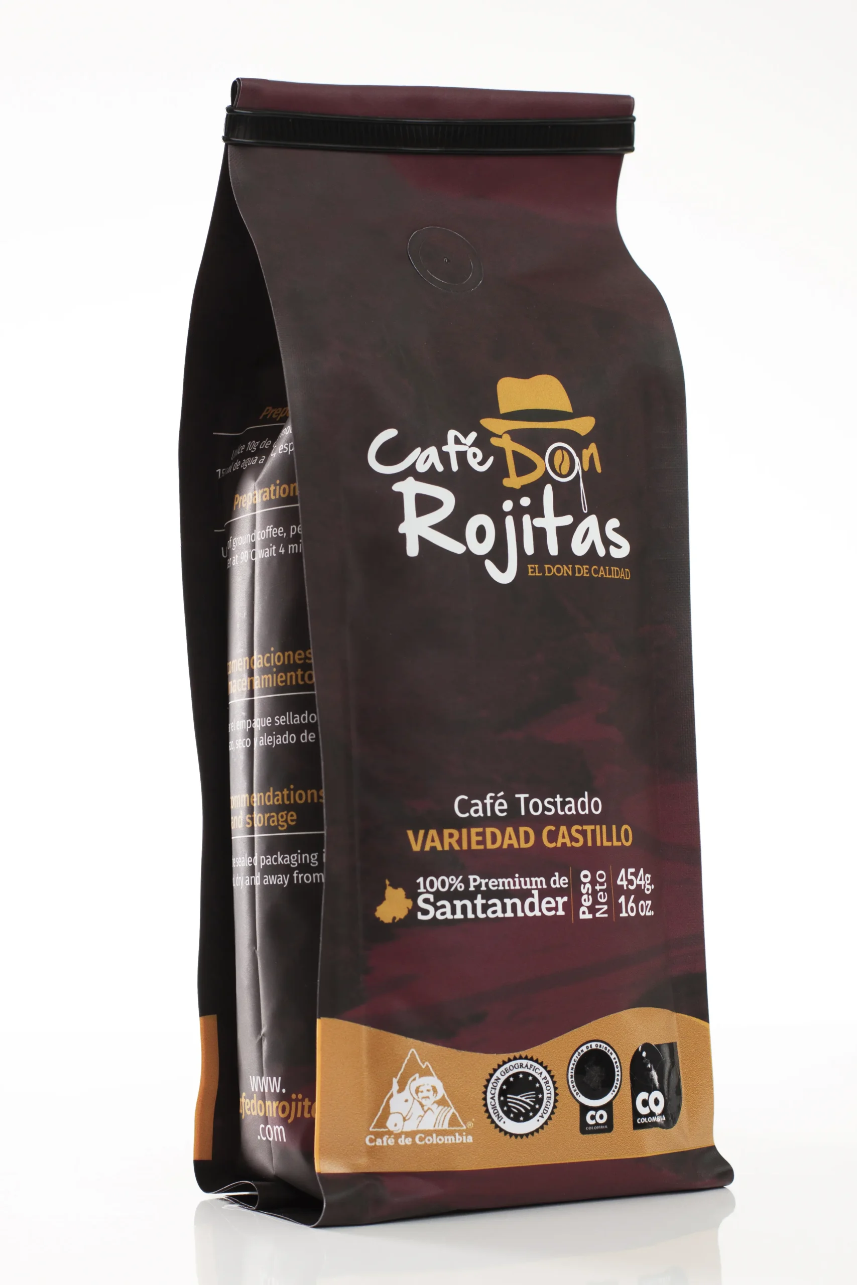 Bolsa de Café Don Rojitas Variedad Castillo 100% premium de Santander, café tostado en presentación de 454 gramos.