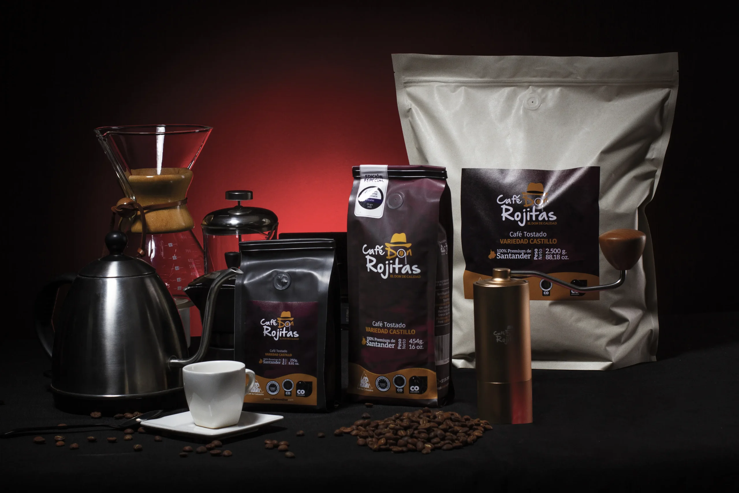 Café Don Rojitas variedad Castillo café tostado premium de Santander Colombia en presentación molido y grano para Bucaramanga