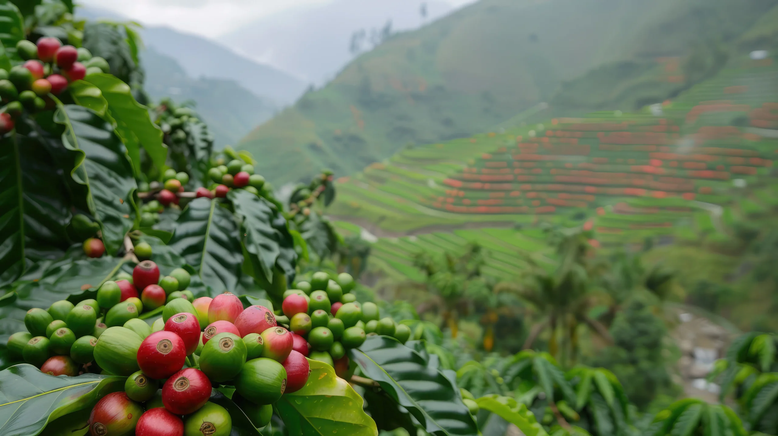 Cultivo de café en Santander Colombia con granos maduros rojos y verdes en finca cafetera cerca de Bucaramanga