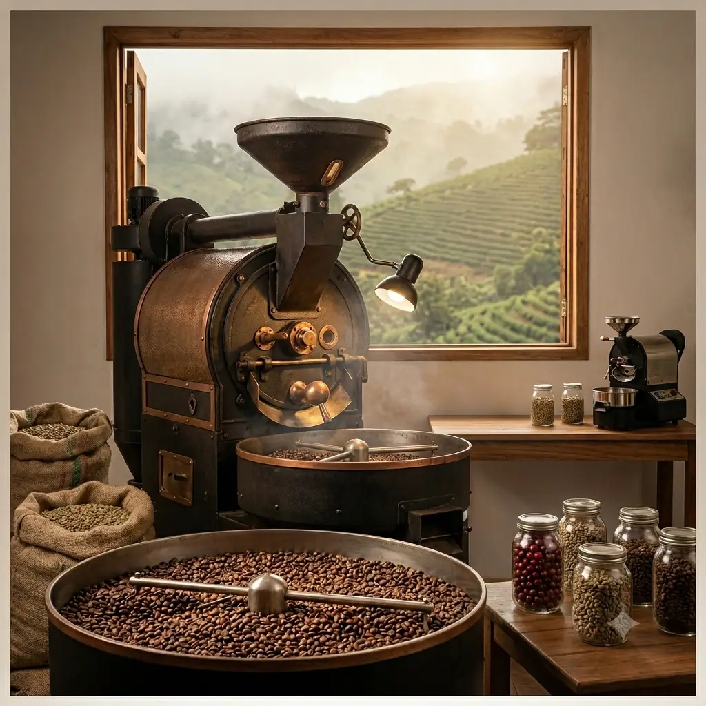 Taller de tueste de café de especialidad con máquina tostadora industrial y granos de café tostados y verdes en sacos.